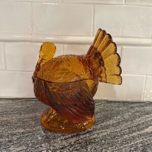 Vintage L.E. Smith Amber Glass Thanksgiving Turkey Dish Bowl and Lid USA